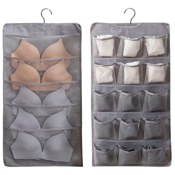 Hanging Bra Organizer with Pockets, Hanging Sock Organizer, Dual Sided Hanging Closet Underwear Storage Holder for Lingerie, Panty Tie (20 Pockets, Gray)