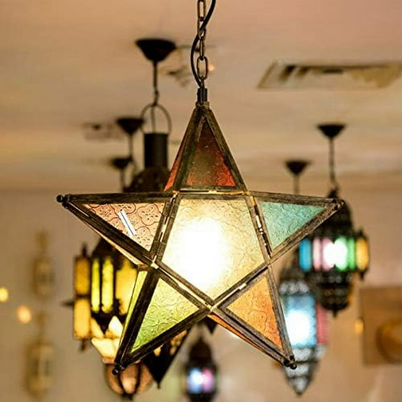 Hanging Candle Lantern,Moroccan Style Glass Five-Pointed Star Shaped -Holder for Wedding,Garden Yard, Black