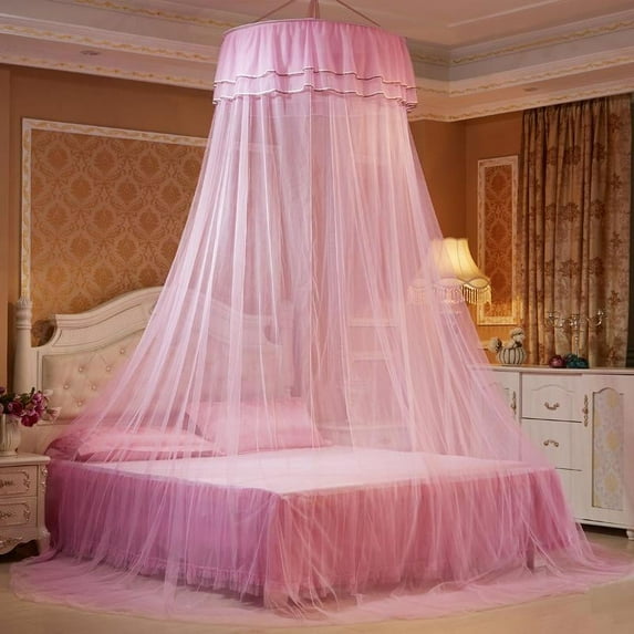 Hanging Canopy Bed Curtains Princess Bed Canopy Lace Mosquito Net Luxurious Round Hoop Mosquito Net Suitable for Queen King Size Bed, Four Colors