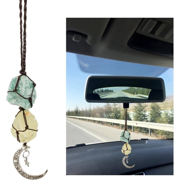 Hanging Car Charms, Tourmaline & Calcite Car Ornament, Crystal Car Rear View Mirror Interior Accessories, Car Handmade Moon Decoration, Valentine's Day Gifts (Brown&Amazonite-Yellow Quartz)