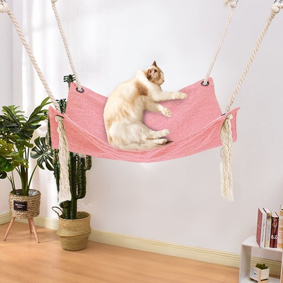 Hanging Cat Hammock Minimalist Cotton Linen Pet Bed for Indoor Cats, Hamsters Small Animals Easy Install Sunbathing Perch for Cages, Windows Walls(18.5*18.5Inch)