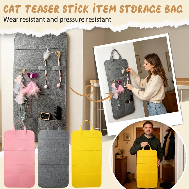 Hanging Cat Teaser Wand Holder, Over the Door Pet Toy Storage Organizer, Large Capacity Wall Mounted Collar and Leash Display Pouch for Dogs and Cats, 1-Pack