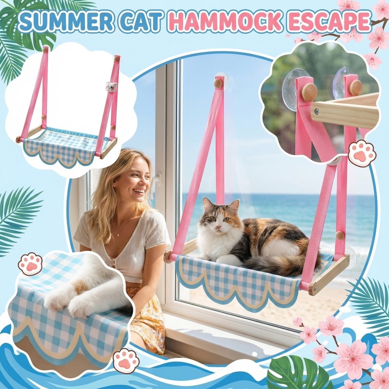 Hanging Cat Window Perch, Strong Suction Cup Hammock Bed, Wooden Frame Cat Seat, All-Season Breathable Cat Resting Bed