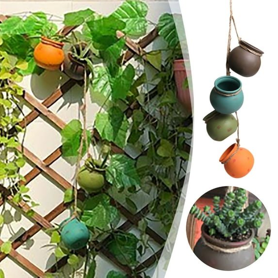 Hanging Ceramic Planter with Jute Rope, 4 Mini Bright Rainbow Colored Dangling Pottery Succulent Indoor Pots,Wall or Ceiling Mount, Hanging Pendant, Basket for Succulent Cactus