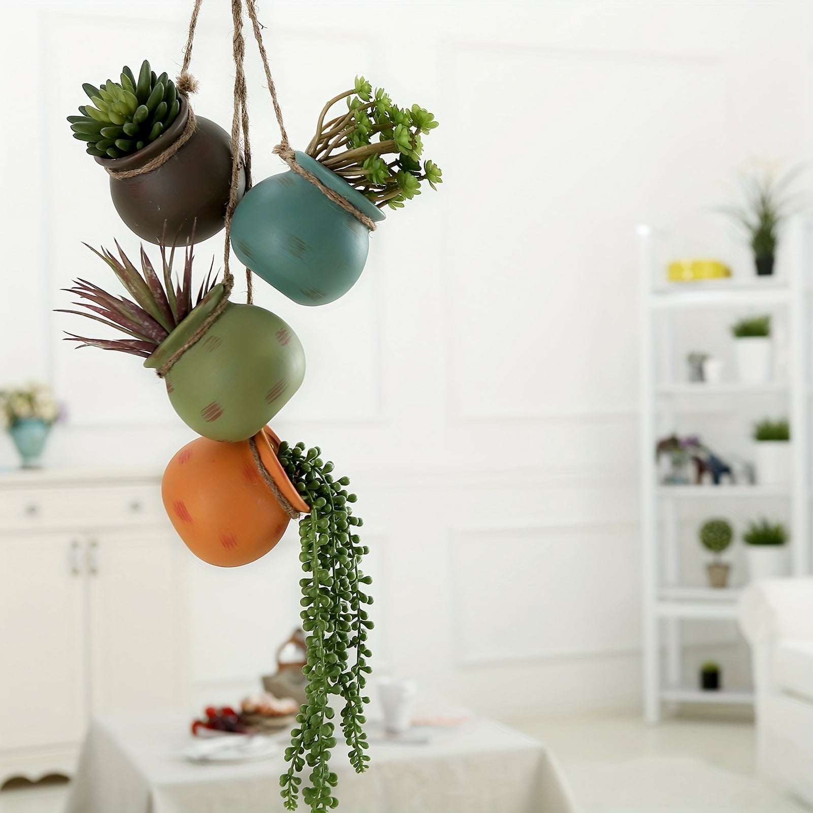 Hanging Ceramic Planters, Mini Wall Mount Flower Pots with Jute Rope for Succulents, Boho Indoor Outdoor Home Decor, Set of 4 Small Plant Pots