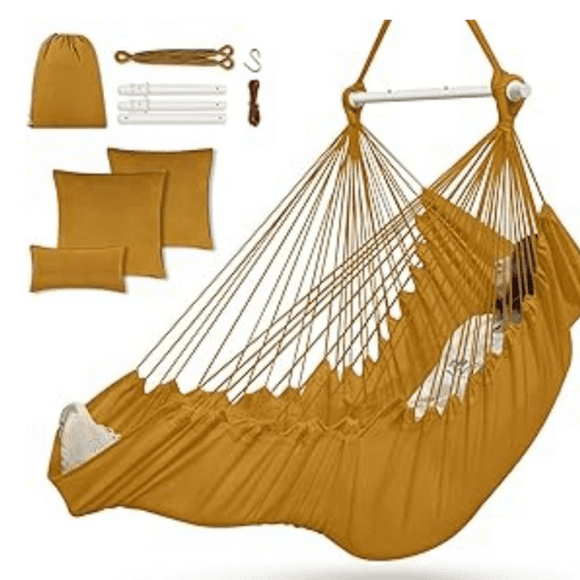 Hanging Chair with 3 Cushions and Foot Rest Support, Sturdy Metal Spreader Bar Max 500Lbs, Swing Chair for Bedroom, Indoor & Outdoor, Patio, Porch or TreeKhaki