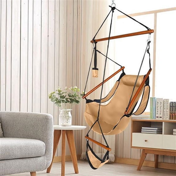 Hanging Chair Brown Oxford Cloth Hardwood With Cup Holder Wooden Stick Perforated 220.46lbs Capacity Seaside Courtyard