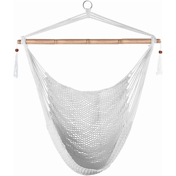 Hanging Chair Caribbean Swing Chair Hammock Chair w/Soft-Spun Cotton Rope, 40" Hardwood Spreader Bar Wide Seat, Max 300 Pounds, for Indoor Outdoor Garden Yard, White