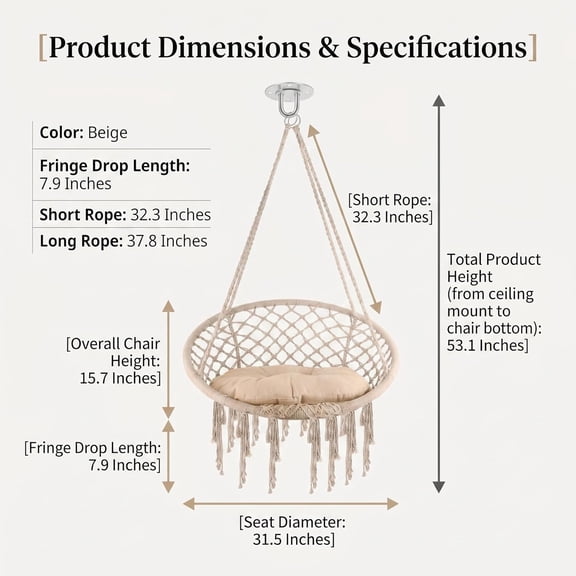 Hanging Chair Indoor Macrame Swing 550 Lbs Upgraded Hammock Chair Swing Cotton Rope with Hardware Kits for Bedroom Garden Balcony Beige
