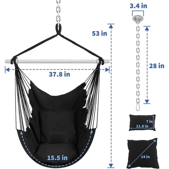 Hanging Chair Indoor Swing, Max 500 Lbs, 2 Cushions Included, Steel Spreader Bar with Anti-Slip Rings, Indoor/Outdoor Use, Side Pocket, Boho Style