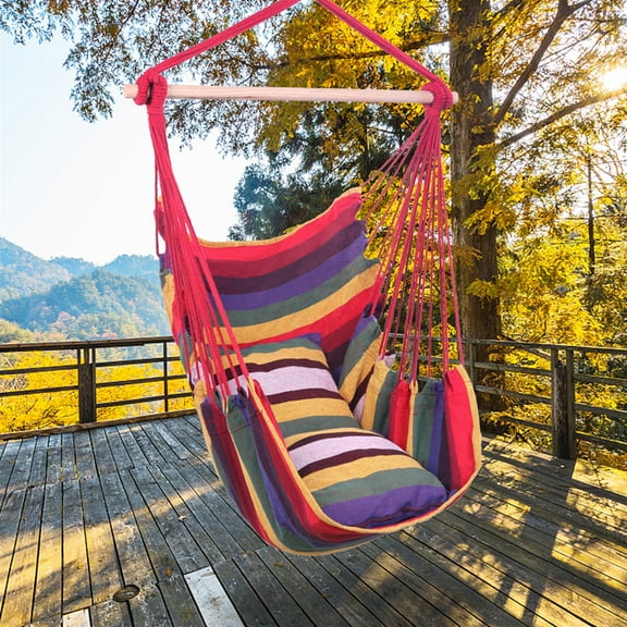 Hanging Chair Swing, Hanging Rope Chair with 2 Seat Cushions, Bohemian Indoor Swing Chair, Comfort Hanging Chairs for Bedrooms, Home, Patio, Yard, Deck, Max Capacity 250 Lbs Rainbow, JA2343