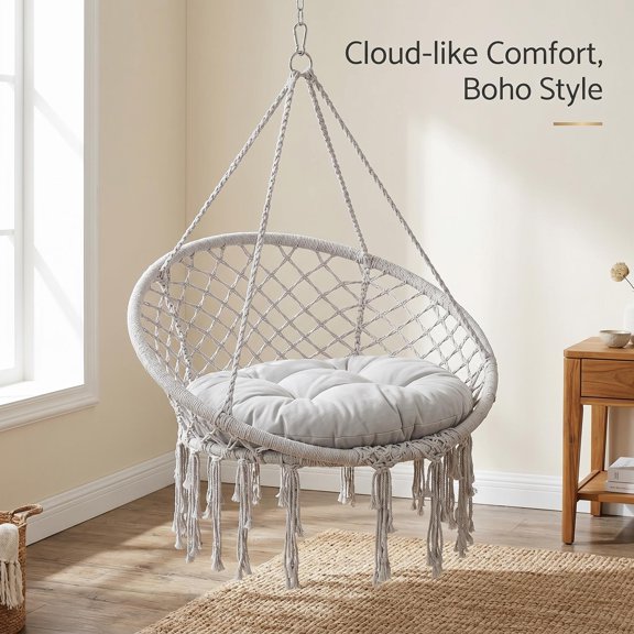 Hanging Chair with Installation Accessories, Macrame Swing Chair for Bedroom Porch Balcony, Portable Hammock Chair with Thick Cushion Grey
