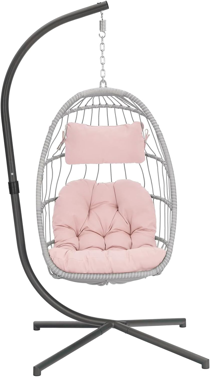 Hanging Chair with Stand, Patio Wicker Pink Swing Chair Hammock