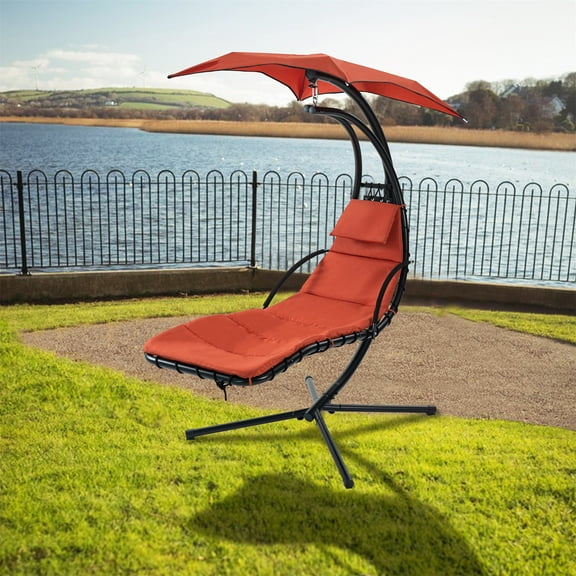 Hanging Chaise Lounger with Removable Canopy, Outdoor Swing Chair with Steel Frame and Built-in Pillow, Hanging Curved Chaise Lounge Hammock Chair with Stand for Patio, Porch