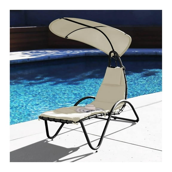 Hanging Chaise Outdoor Lounge Chair Hammock with Sun Shade Canopy, Wide Umbrella, Cushion, Stand for Backyard, Poolside Beige