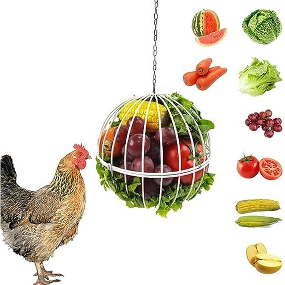 Hanging Chicken Feeder - 7.1 Inch Large Iron Chicken Veggie Treat Ball - Sturdy Chicken Treat Holder with 15.7 Inch Hanging Chain - White
