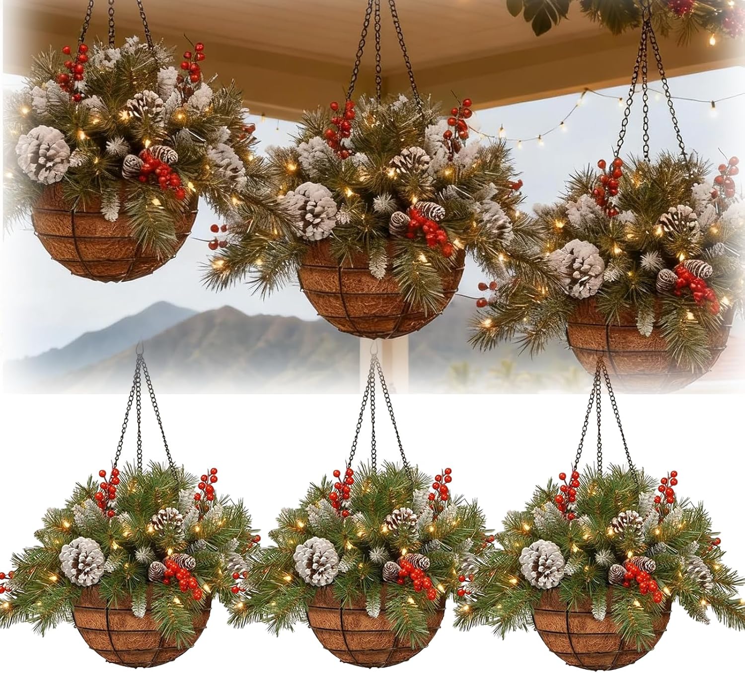 Hanging Christmas Baskets with Lights, 2026 New Pre-Lit Artificial ...