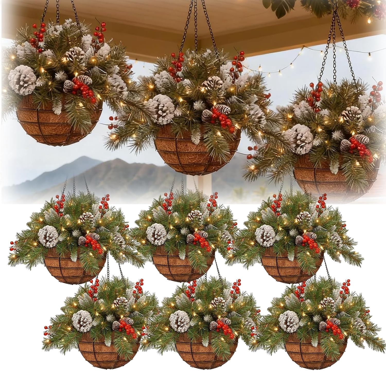 Hanging Christmas Baskets with Lights, 2026 New Pre-Lit Artificial ...