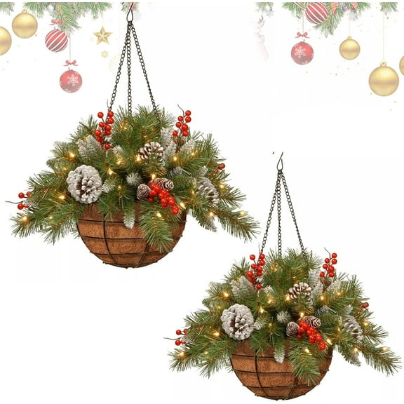 Hanging Christmas Baskets with Lights, 2026 Pre-Lit Artificial Christmas Hanging Basket for Outdoors, Outdoor Decoration with Pine Red Berries Pinecones, Festive Planter LED Lights for Porch
