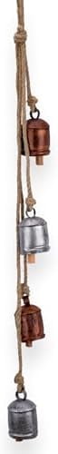Hanging Christmas Bells 36" – 4 Rustic Cow Bell Garland on Jute Rope – Christmas Tree Ornaments, Wreath Decoration, Witch Bells, Jingle Bell, Farmhouse Decor, Indoor Outdoor (Silver-Copper)