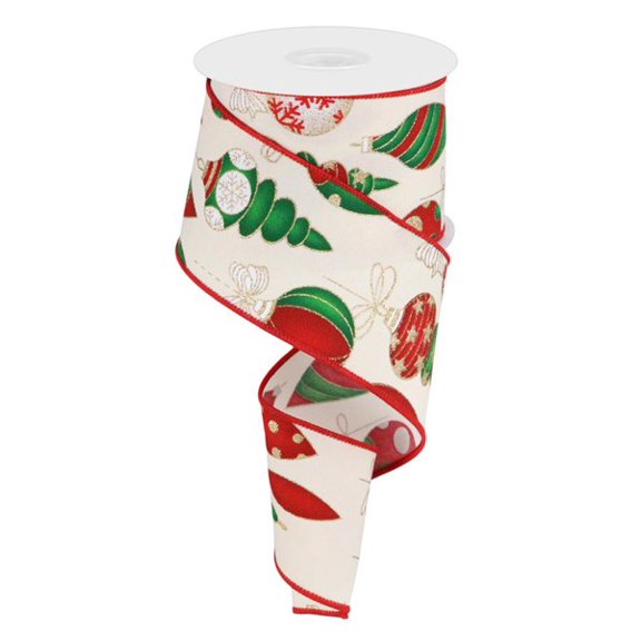 Hanging Christmas Ornaments Wired Edge Ribbon, Ivory Green Gold White - 2.5 Inches x 10 Yards
