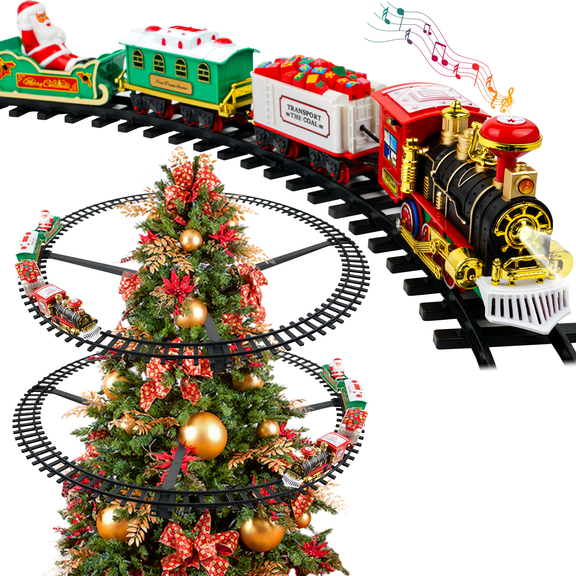 YCFUN Christmas Tree Train Set, Electric Hanging Train Toy with Steam Effect, Lights & Sounds, Battery Operated Christmas Train Decoration