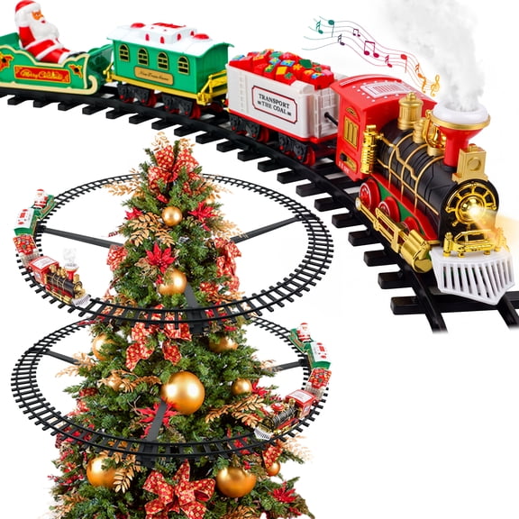 YCFUN Christmas Tree Train Set, Electric Hanging Train Toy with Steam Effect, Lights & Sounds, Battery Operated Christmas Train Decoration