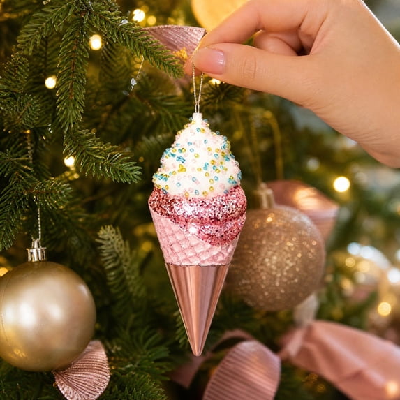 Hanging Christmas Tree Ornaments, Shatterproof Sparkling Pink Pendants with Sprinkle Accent, Candy Land Inspired Holiday Decor Supplies for Christmas, Birthday Party and Wedding Celebration