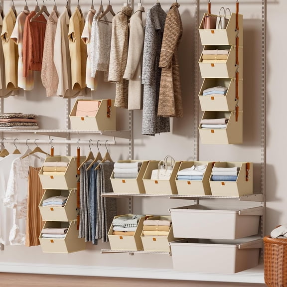 Hanging Closet Organizer 4 Tier - Space-Saving Fabric Storage Baskets with Metal Hooks for Clothes, Shoes, Dorms, RVs, Beige, 8 Pack