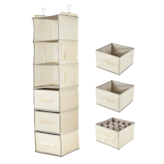 Hanging Closet Organizer with Drawers, 6-Shelf Non-Woven Fabric Storage with 3 Removable Bins & Side Pockets, Foldable Wardrobe Organizer, 11.8" x 11.8" x 47.2", Beige
