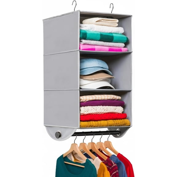 Hanging Closet Organizer with Garment Rod – Heavy Duty 3-Shelf Hanging Shelves for Clothes, Sweaters & Shoes, Reinforced 600D Fabric Storage Unit with Built-in Clothing Rod, Grey
