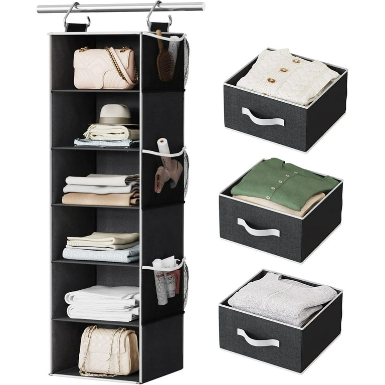 34.76 in. H Charcoal Black Fabric Hanging Closet Organizer with 3 Shelves