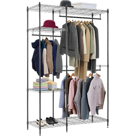 Hanging Closet Organizer And Storage Heavy Duty Clothes Rack Sturdy 3 Rod Garment Rack Large With Wire Shelving Height Adjustable Commercial Grade Metal Clothes Stand Rack For Bedroom Cloakroom,Black