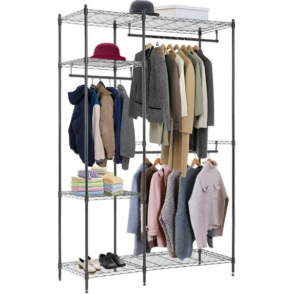 Hanging Closet Organizer And Storage Heavy Duty Clothes Rack Sturdy 3 Rod Garment Rack Large With Wire Shelving Height Adjustable Commercial Grade Metal Clothes Stand Rack For Bedroom Cloakroom,Black