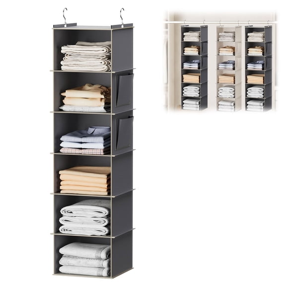Hanging Closet Organizer and Storage, Dorm Room Essentials, Clothes Organizer with 2 Side Pockets, Breathable Fabric Shelves(Grey)