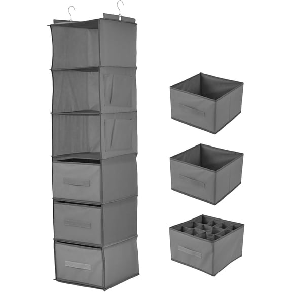 Hanging Closet Organizer with Drawers, 3 Tier Non-Woven Fabric Storage Shelves, Foldable Closet Organizer for Bedroom, 11.8x11.8x47.2 Inches, Grey