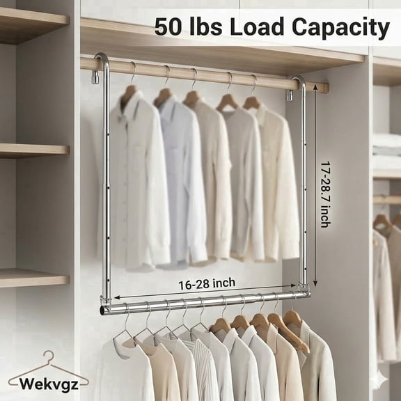 Closet Extender Hanging Rod, Adjustable Height & Length, 50 lbs Heavy Duty Stainless Steel Double Closet Organizer, No Drill, Silver by Wekvgz