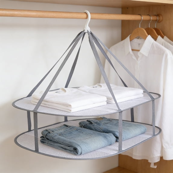 Hanging Clothes Drying Basket Mesh Rack 3 Tier White – Foldable Windproof Laundry Drying Net for Sweaters Knitwear Socks Balcony Storage 30.7 x 24 in
