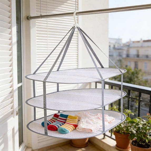 Hanging Clothes Drying Basket with Mesh Shelves, Foldable Windproof Rack for Sweaters, Knitwear and Delicates, Multi-Layer for Balcony or Indoor Use