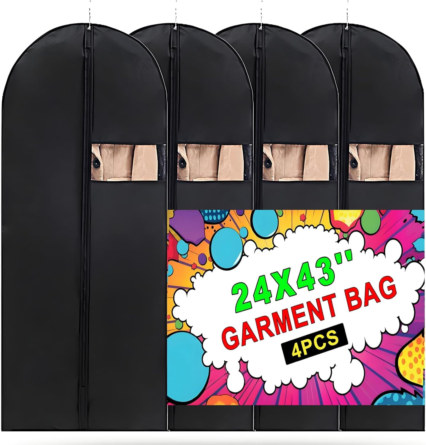Hanging Clothes Garment Bag Dust Bag, 60.96 cm x 109.22 cm, Dress Hanger Bag, Travel Garment Bag,, Suit Jacket Washable Suit Cover Bag, 4 Piece Set