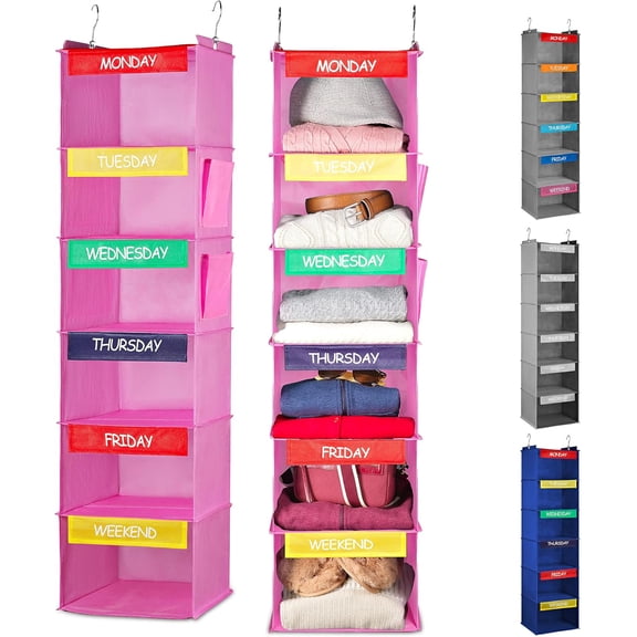 Hanging Clothes Organizer for Kids - 6-Shelf Closet Daily Clothing Organization Labeled Shelves with Days of The Week Monday Through Friday, Weekday and Weekend (Pink)