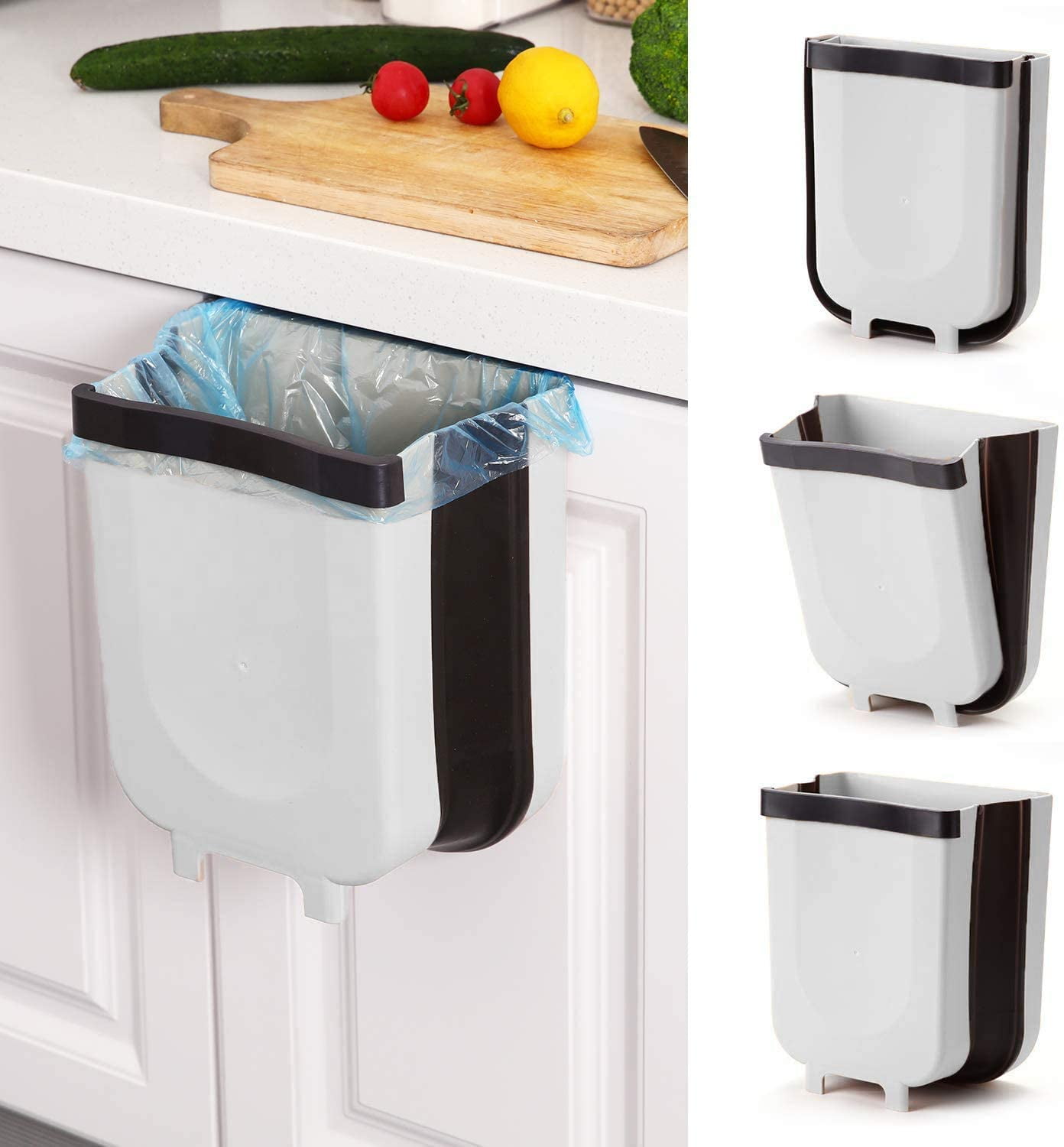 Hanging Collapsible Trash Can - 9L Wall Mounted Foldable Waste Bin for  Kitchen Cabinet Door - Quickly Clean Counter, Sink, Bathroom - RV, Car,  Camping