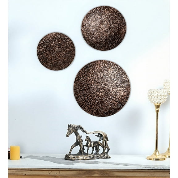 Hanging Copper & Black Hammered Metal Circles Wall Decoration - Set of 3 Different Sizes: 12", 15", and 18" Diameter