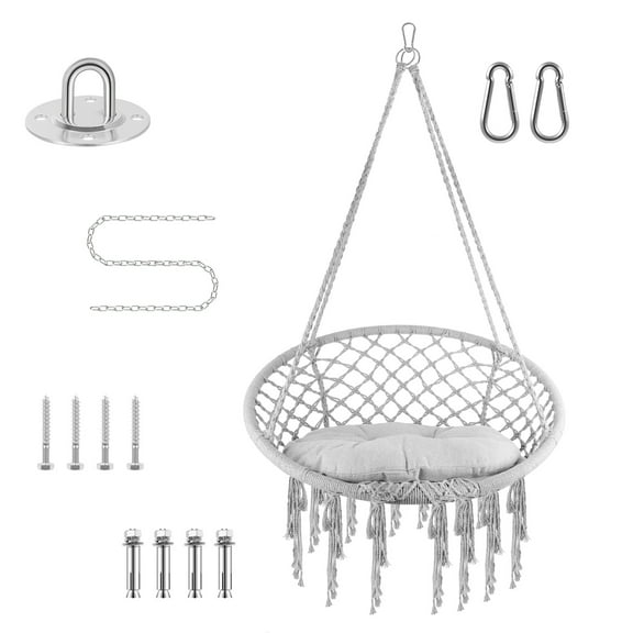 Hanging Cotton Kits Chair Rope Swing, Macrame Hammock with Hand-Woven Rope, Steel Spreader Bar Anti-Slip Rings,Gray, Soft, Safe, Firmly Woven, for Yard Home