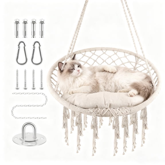 Hanging Cotton Kits Macrame Hammock, Chair Rope Swing - Hand-Woven Rope, Steel Spreader Bar Anti-Slip Rings, Cream White, Safe, Durable, Firm, for Garden Indoor