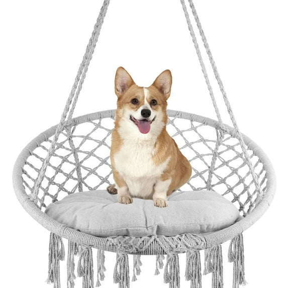 Hanging Cotton Rope Hammock Swing Chair with Medium Cushion,Handmade Knitted Hanging Chair, Perfect for Bedroom, Porch, Adults, Balcony