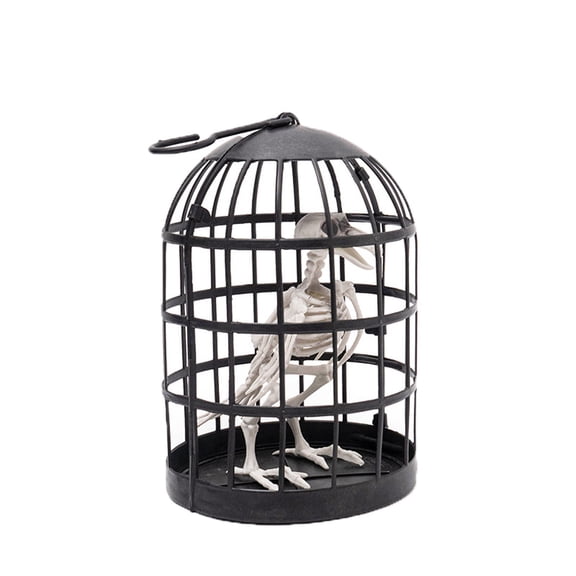 Hanging Crow Skeleton Decoration in Cage Realistic Raven Bones Skull Prop, Scary Animal Figurine for Halloween Haunted House Party, Desktop Ornament for Yard Living Room Bar Display 6.7x9.8 inch