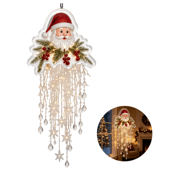 Hanging Crystal Cascade Light with Santa Claus, LED Christmas Porch & Window Decor