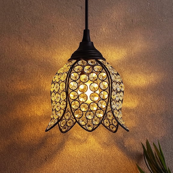 Hanging Crystal Lotus, Pendant Light | Chandelier, Jhumar Lighting, Chandelier for Living Room, Black, Metal