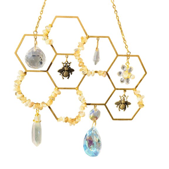 Hanging Crystal Prism Decor, Crystal Suncatcher Prism Hanging, Honeycomb Decorations, Decorations for Home, 11X6 Inch Yellow Honeycomb Suncatcher with Yellow Crystal Chip Accents,